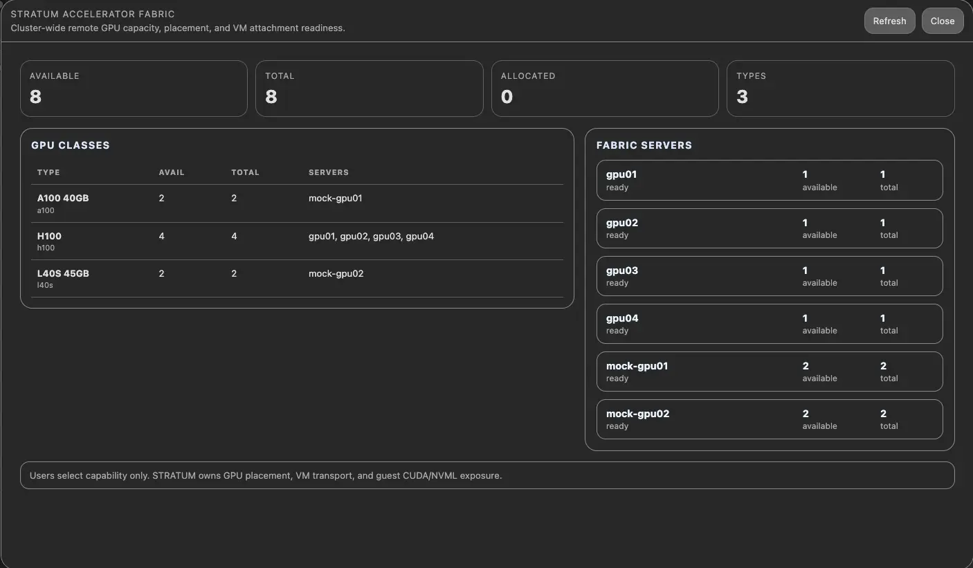 STRATUM GPU Fabric connecting virtual machines to distributed accelerators