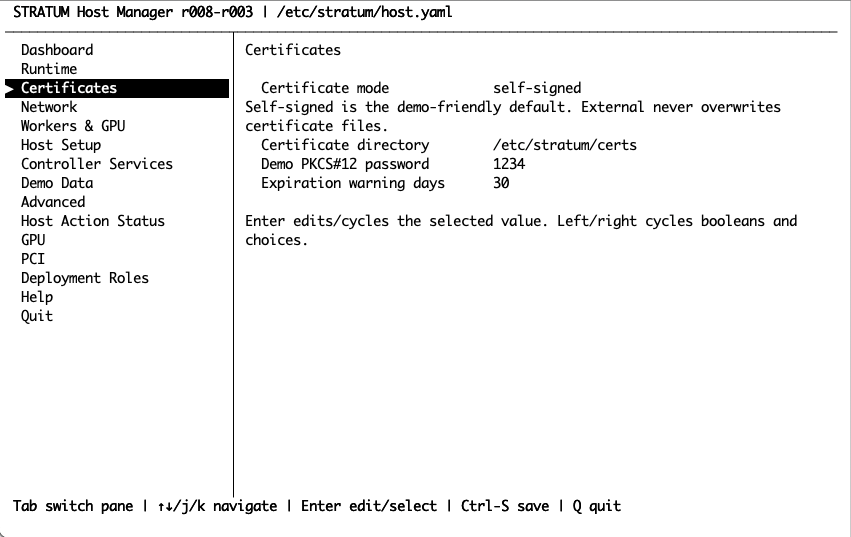 stratum-host Certificates menu