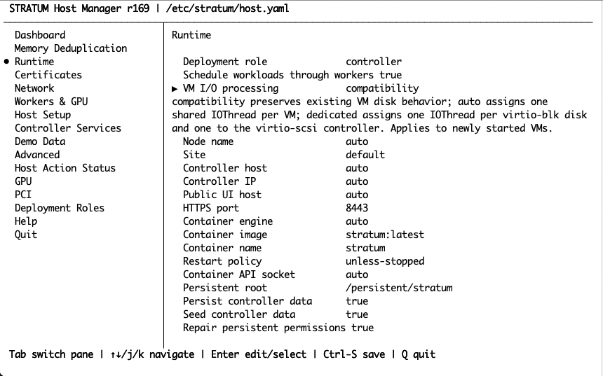 stratum-host Runtime page showing the VM I/O processing setting