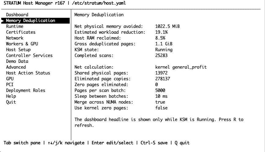 stratum-host Memory Deduplication page showing KSM savings, scan progress, and tuning values