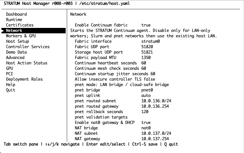 stratum-host Network menu