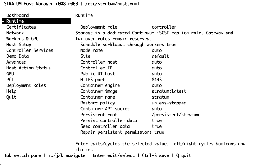 stratum-host Runtime menu