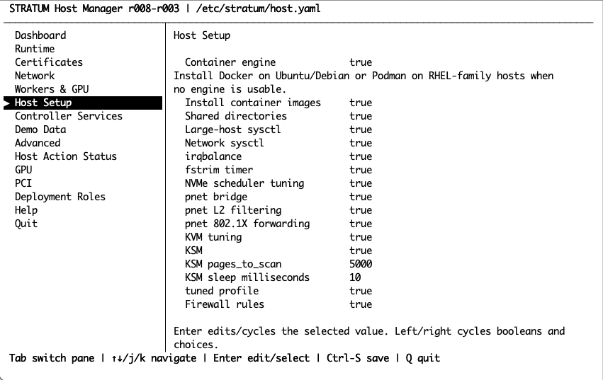 stratum-host Host Setup menu