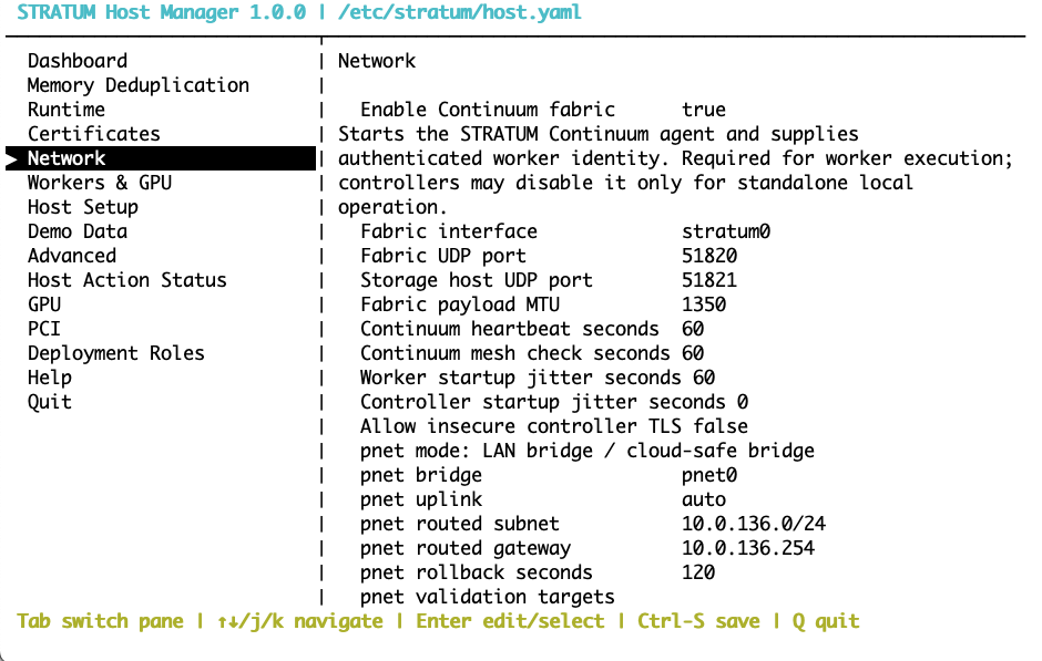 stratum-host Network menu